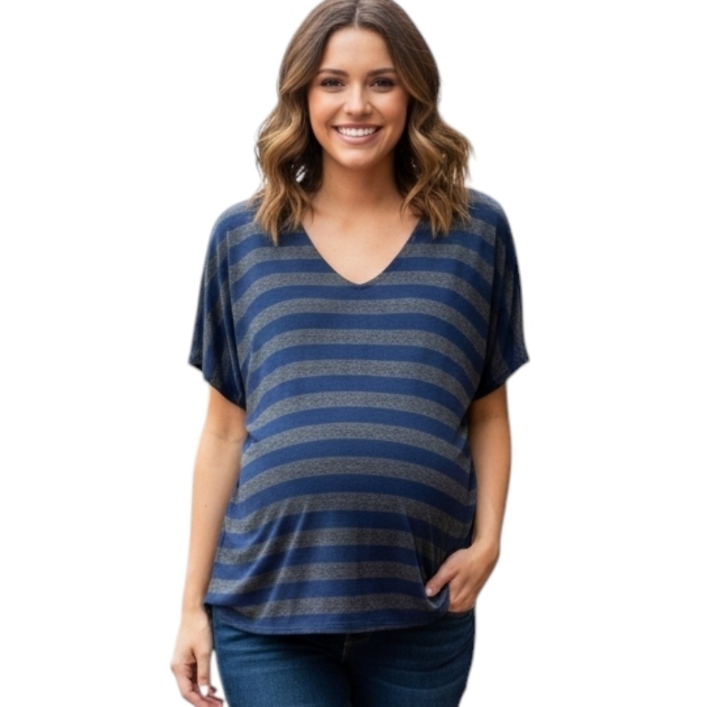 Hatch Collection Luxe Maternity Tee Grey Blue Women Small Pima Cotton V Neck
